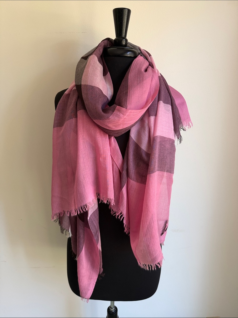 Burberry Pink Check Plaid Wool/Silk Scarf Wrap